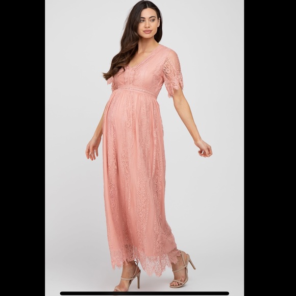 Pinkblush Dresses & Skirts - Light Pink Lace Short Sleeve Maternity Maxi Dress